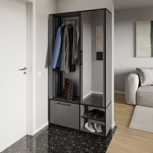 Сучасна прихожа з дзеркалом, дверцятами та штангою для одягу