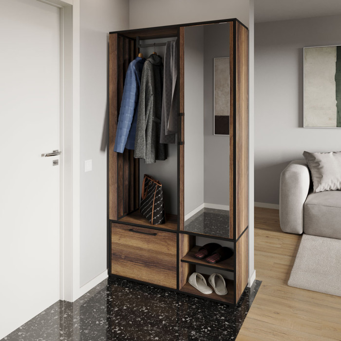 Сучасна прихожа з дзеркалом, дверцятами та штангою для одягу