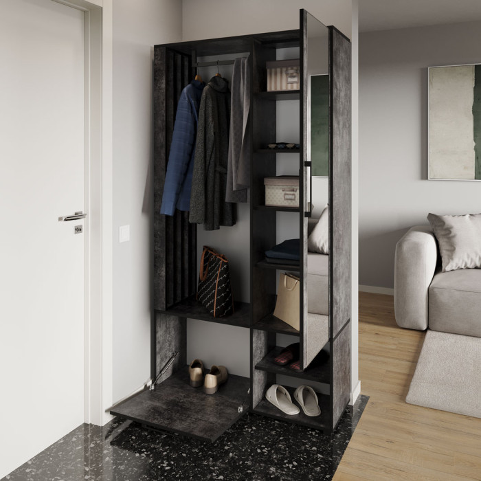 Сучасна прихожа з дзеркалом, дверцятами та штангою для одягу