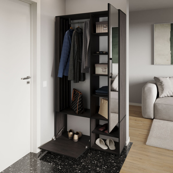 Сучасна прихожа з дзеркалом, дверцятами та штангою для одягу