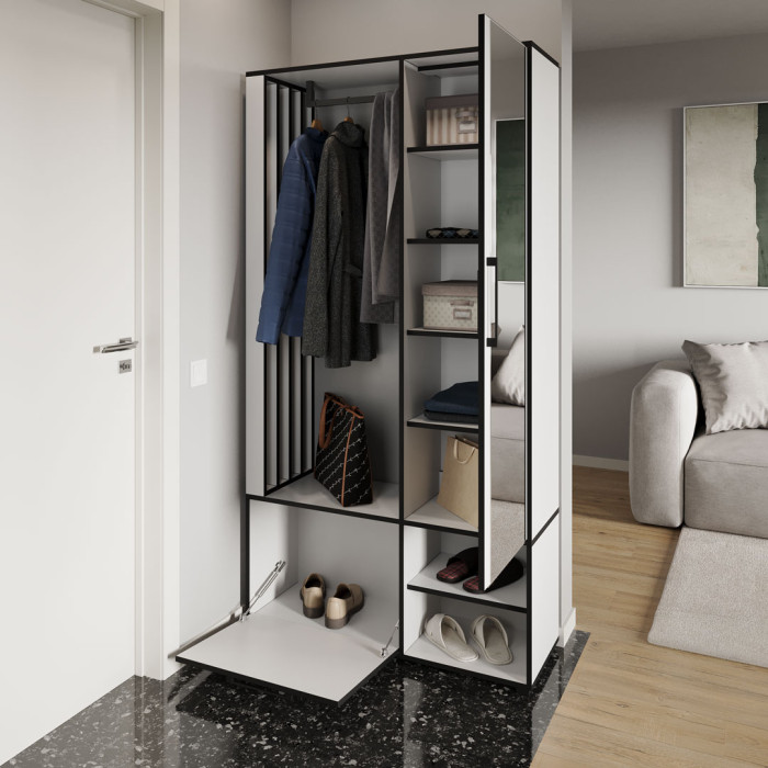 Сучасна прихожа з дзеркалом, дверцятами та штангою для одягу