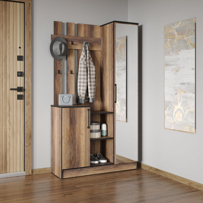 Cтильна прихожа з дзеркалом, дверцятами та крючками для одягу