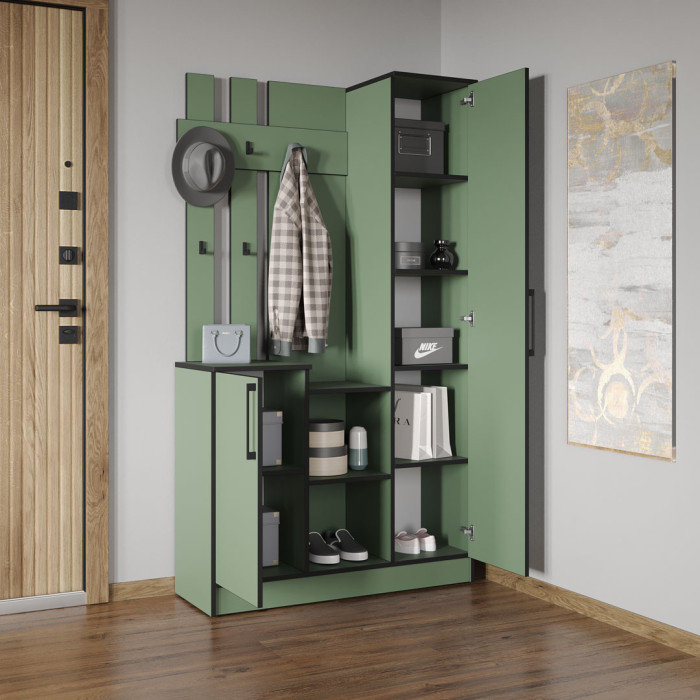 Cтильна прихожа з дзеркалом, дверцятами та крючками для одягу