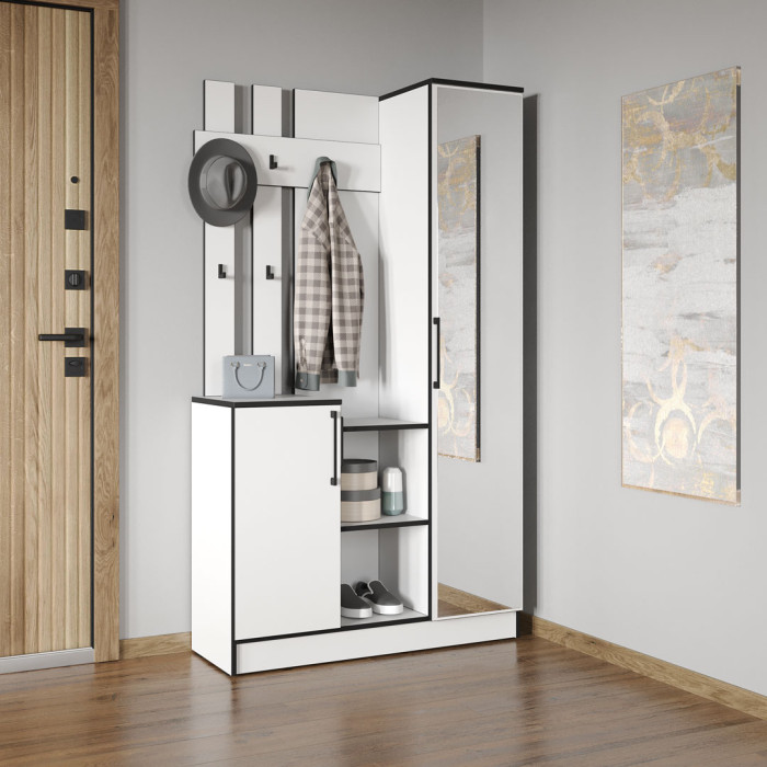 Cтильна прихожа з дзеркалом, дверцятами та крючками для одягу