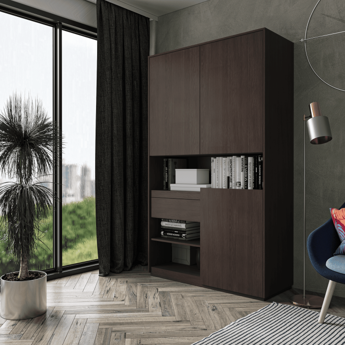 Шафа розпашна для одягу з дверцятами та шухлядою в спальню