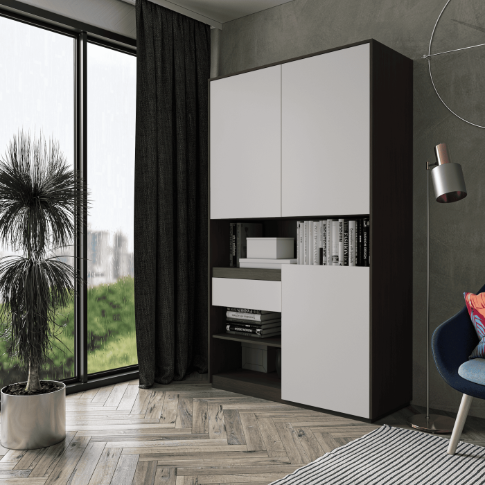 Шафа розпашна для одягу з дверцятами та шухлядою в спальню