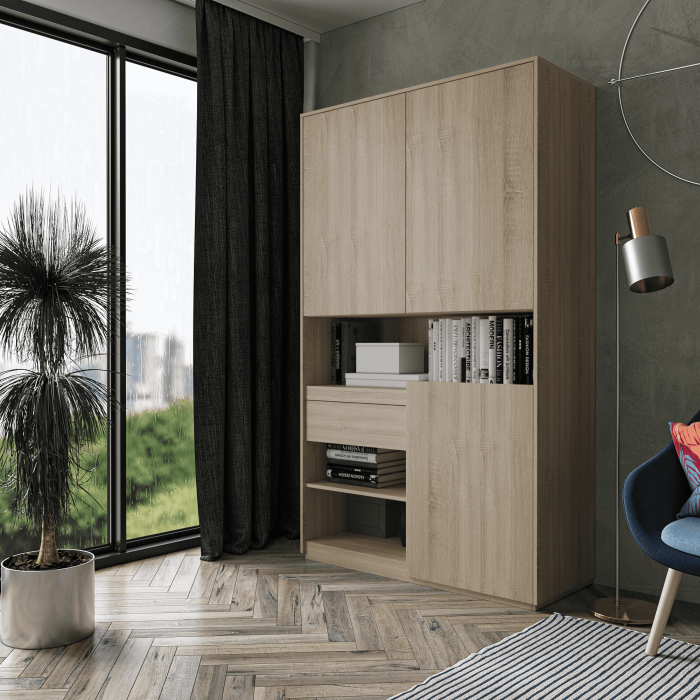 Шафа розпашна для одягу з дверцятами та шухлядою в спальню