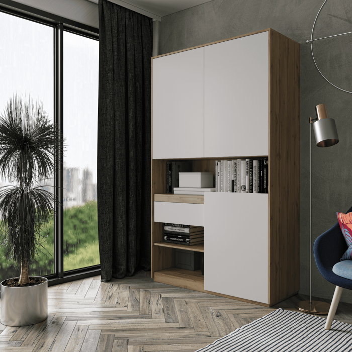 Шафа розпашна для одягу з дверцятами та шухлядою в спальню